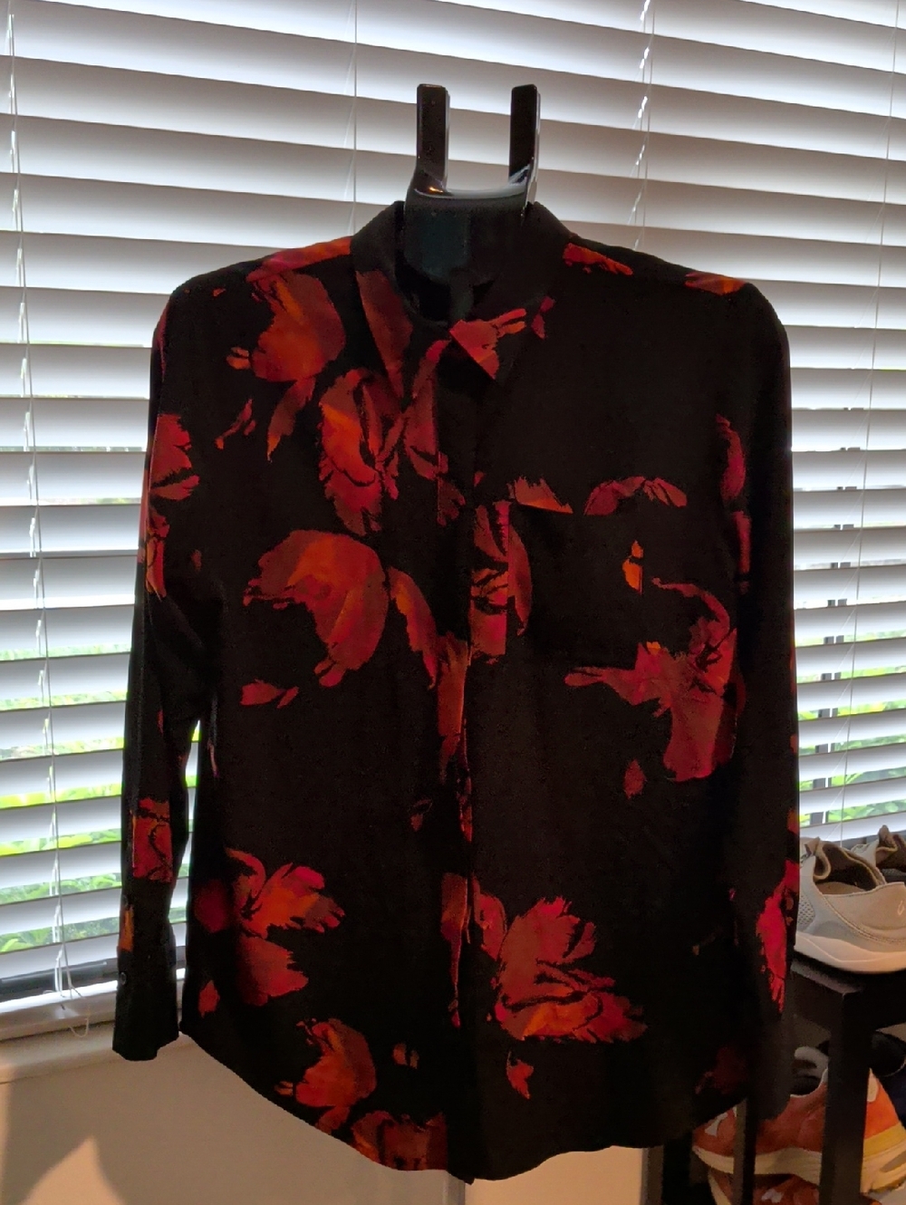Nine West Black Blouse with Red and Orange Floral Accents